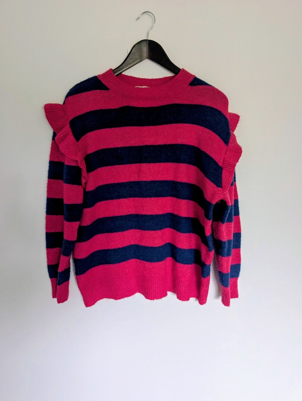 Mango MNG Pink & Navy Striped Ruffle Shoulder Knit Sweater - 1XL